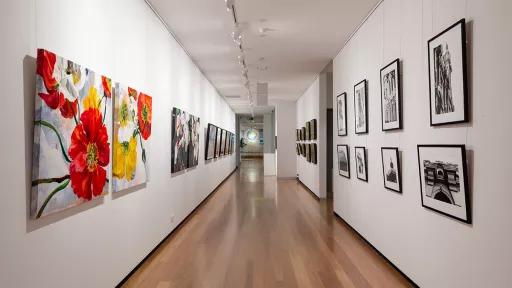 Installation view of 'Natural Constructs' at Town Hall Gallery. Close up paintings flowers by Shani Alexander on on side and photographs of the ornamental details on historical buildings in Boroondara by Jon Saroglu on the other.