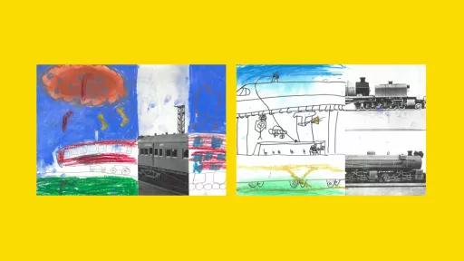 3 sections of photos of trains, with the other halves drawn by children.