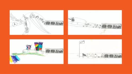 4 drawings by children of trains.