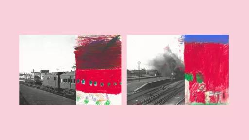 Sections of photos of trains, with the other halves drawn by children.