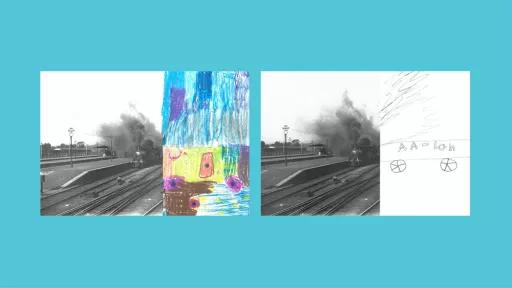 Sections of photos of trains, with the other halves drawn by children.