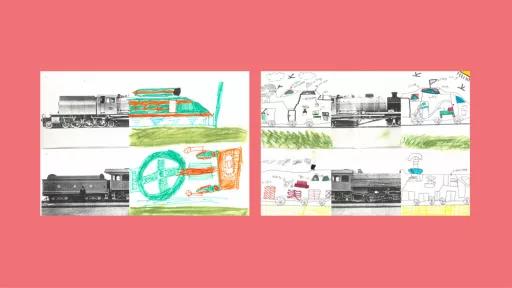 Sections of photos of trains, with the other halves drawn by children.