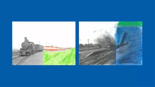 Sections of photos of trains, with the other halves drawn by children.