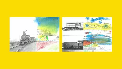 Sections of photos of trains, with the other halves drawn by children.