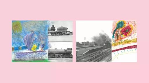 Sections of photos of trains, with the other halves drawn by children.