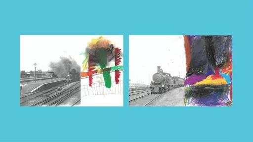 Sections of photos of trains, with the other halves drawn by children.