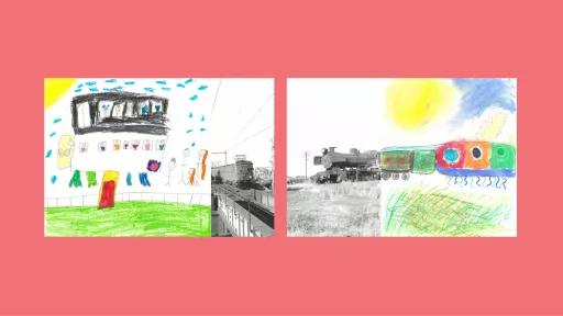 Sections of photos of trains, with the other halves drawn by children.