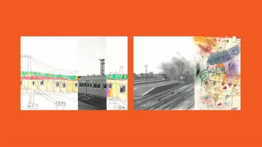 Sections of photos of trains, with the other halves drawn by children.