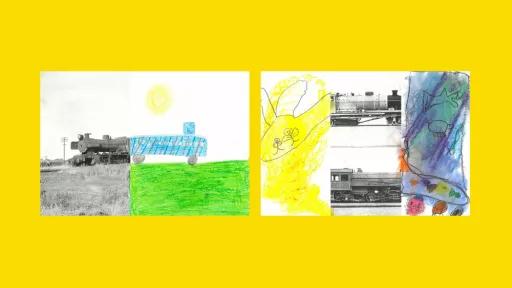 Sections of photos of trains, with the other halves drawn by children.