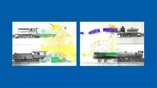 Sections of photos of trains, with the other halves drawn by children.