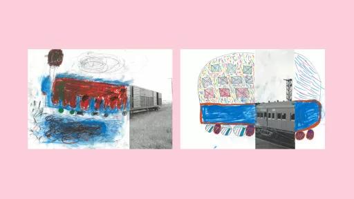 Sections of photos of trains, with the other halves drawn by children.