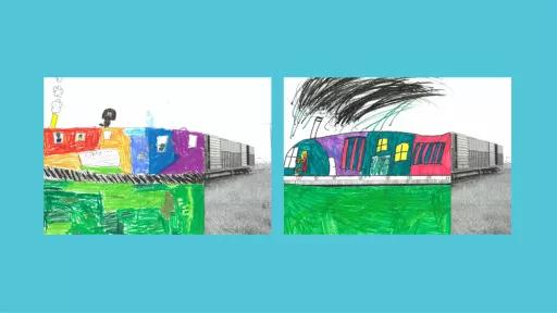 Sections of photos of trains, with the other halves drawn by children.