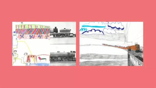 Sections of photos of trains, with the other halves drawn by children.