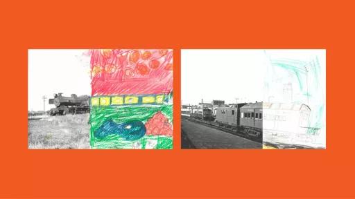 Sections of photos of trains, with the other halves drawn by children.