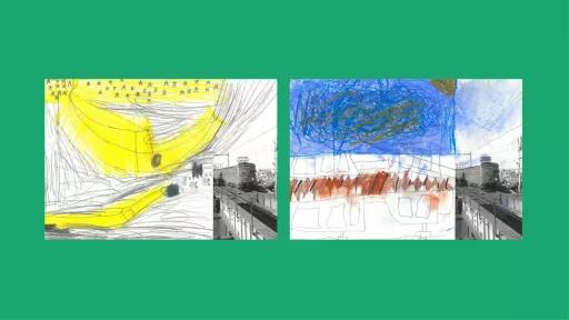 Sections of photos of trains, with the other halves drawn by children.