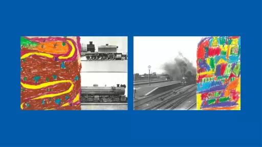 Sections of photos of trains, with the other halves drawn by children.