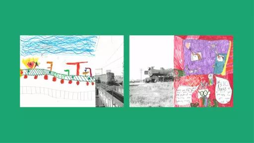 Sections of photos of trains, with the other halves drawn by children.