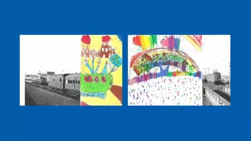 Sections of photos of trains, with the other halves drawn by children.