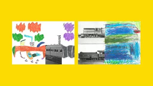 Sections of photos of trains, with the other halves drawn by children.