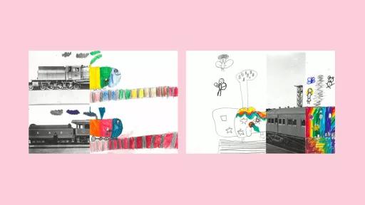 Sections of photos of trains, with the other halves drawn by children.