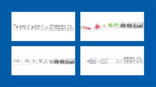 4 drawings of trains, drawn by children.