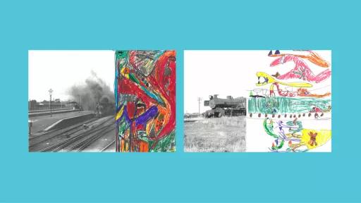 Sections of photos of trains, with the other halves drawn by children.