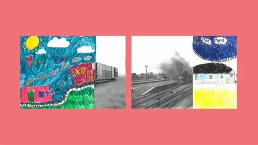 Sections of photos of trains, with the other halves drawn by children.