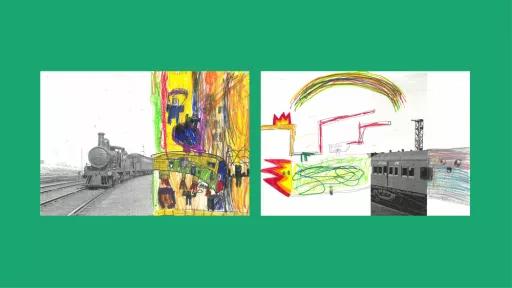 Sections of photos of trains, with the other halves drawn by children.