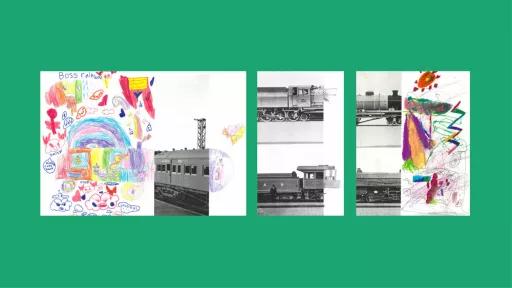 Sections of photos of trains, with the other halves drawn by children.