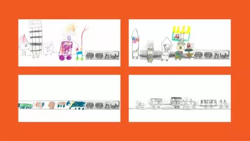 4 drawings of trains, done by children.