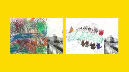 Sections of photos of trains, with the other halves drawn by children.