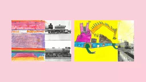 Sections of photos of trains, with the other halves drawn by children.