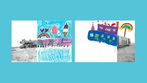 Sections of photos of trains, with the other halves drawn by children.