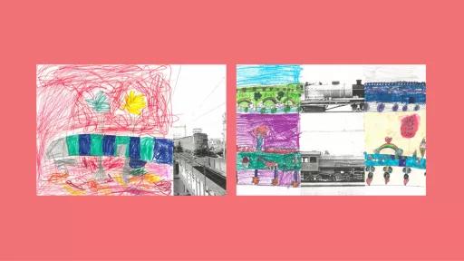 Sections of photos of trains, with the other halves drawn by children.