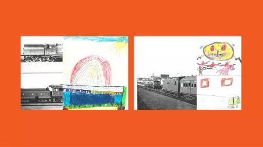 Sections of photos of trains, with the other halves drawn by children.