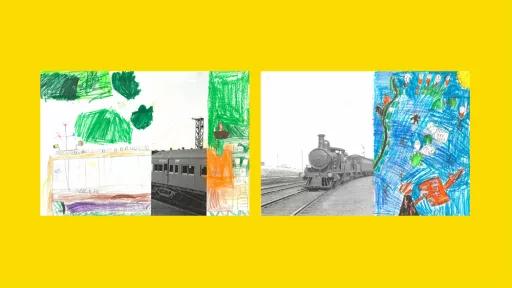 Sections of photos of trains, with the other halves drawn by children.