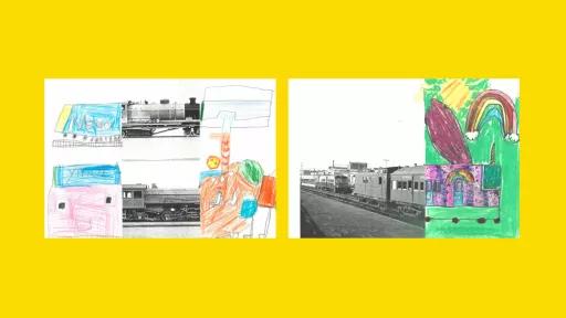 Sections of photos of trains, with the other halves drawn by children.