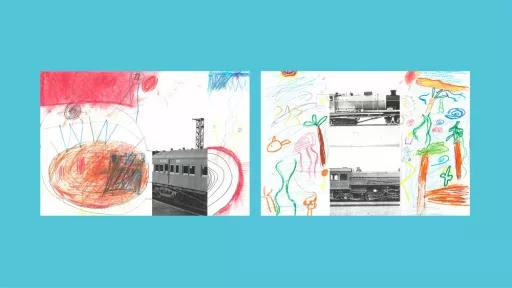 Sections of photos of trains, with the other halves drawn by children.