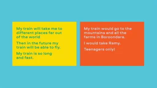 Image with text. On the left it reads: "My train will take me to different places far out of the world, then in the future my train will be able to fly. My train is so long and fast." On the right it reads: " My train would go to the mountains and all the farms in Boroondara. I would take Remy. Teenagers only!"