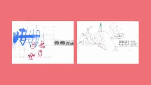 Sections of photos of trains, with the other halves drawn by children.