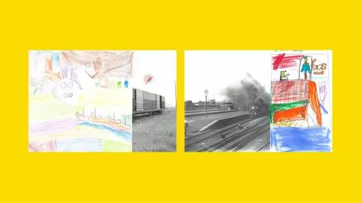 Sections of photos of trains, with the other halves drawn by children.