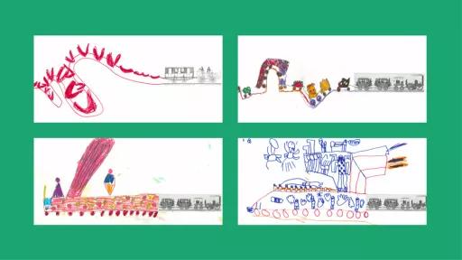 4 drawings of trains, done by children.