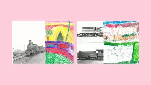 Sections of photos of trains, with the other halves drawn by children.