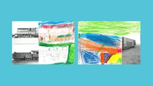 Sections of photos of trains, with the other halves drawn by children.