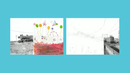 Sections of photos of trains, with the other halves drawn by children.