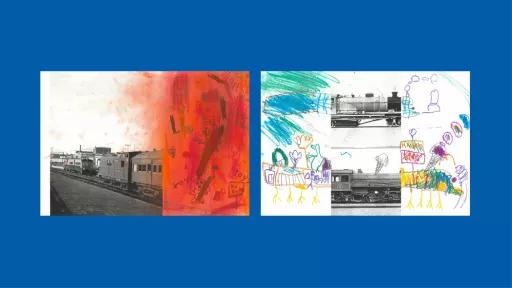 Sections of photos of trains, with the other halves drawn by children.