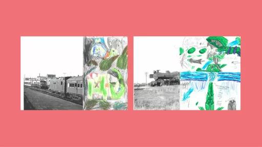 Sections of photos of trains, with the other halves drawn by children.