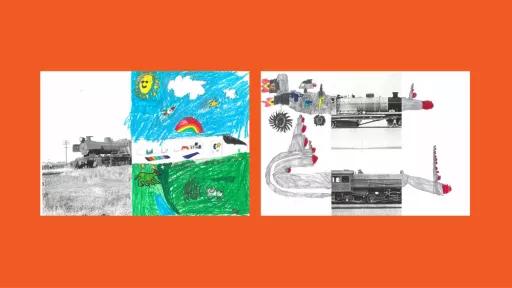 Sections of photos of trains, with the other halves drawn by children.