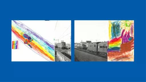 Sections of photos of trains, with the rest of the image drawn by children.