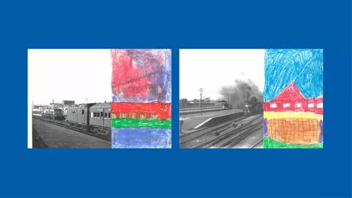 Sections of photos of trains, with the rest of the image drawn by children.